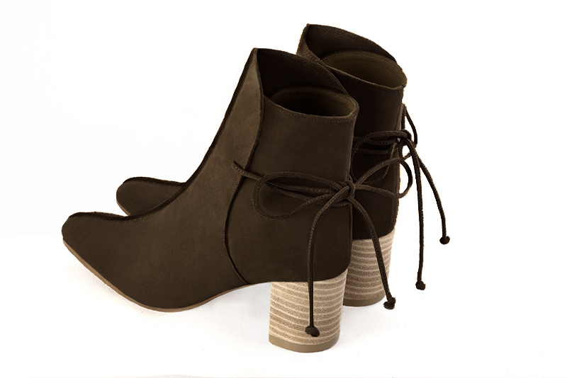 Dark brown women's ankle boots with laces at the back. Square toe. Medium block heels. Rear view - Florence KOOIJMAN
